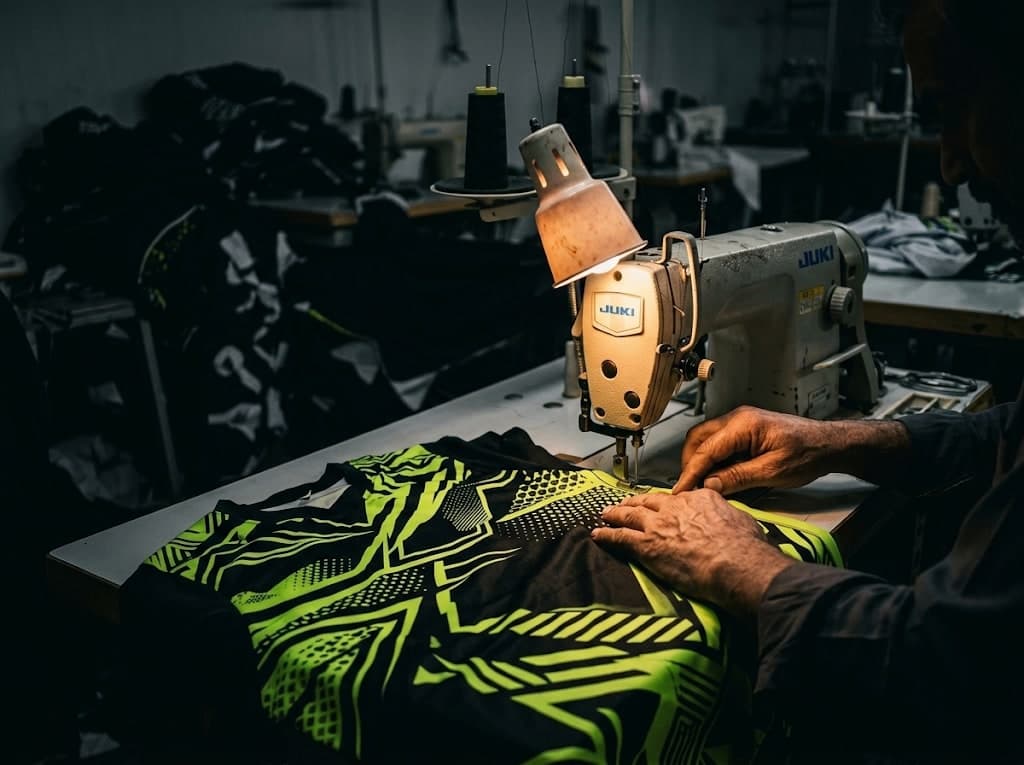 A tailor stitching a sublimated black and lime jersey on an industrial sewing machine