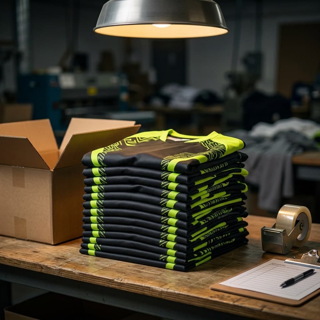 A stack of folded black and lime team jerseys beside a shipping box on a workshop table